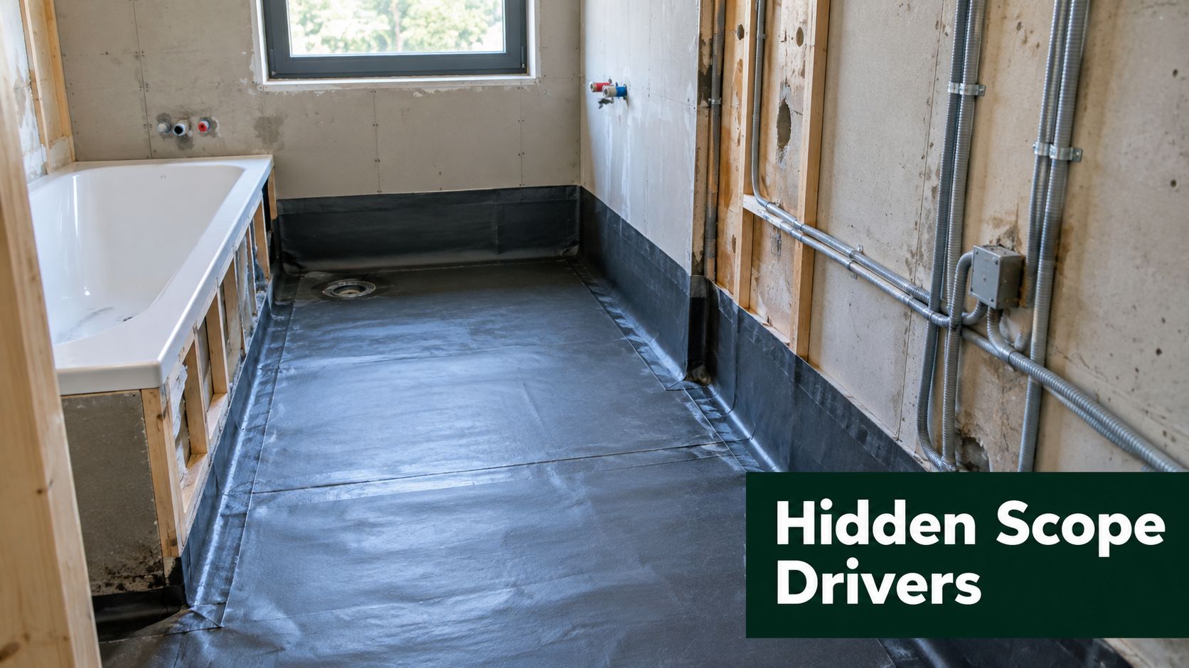 An unfinished bathroom renovation showing a new white bathtub, black waterproof membrane floor, and exposed wall framing.