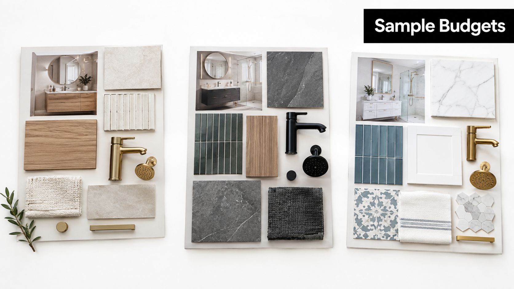 Three bathroom design mood boards featuring tile samples, faucet finishes, cabinetry, and textiles for renovation planning.