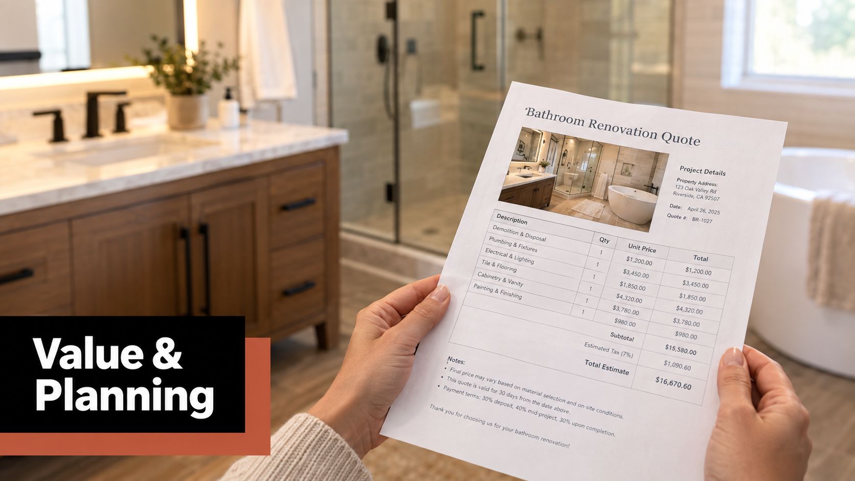 A person holding a printed bathroom renovation cost estimate paper in front of a modern bathroom.