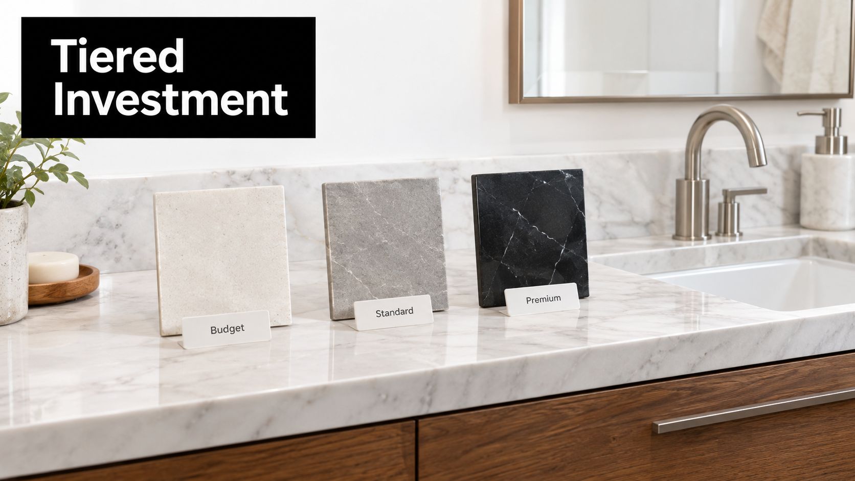 A bathroom vanity countertop showing three different marble stone material samples labeled Budget, Standard, and Premium.