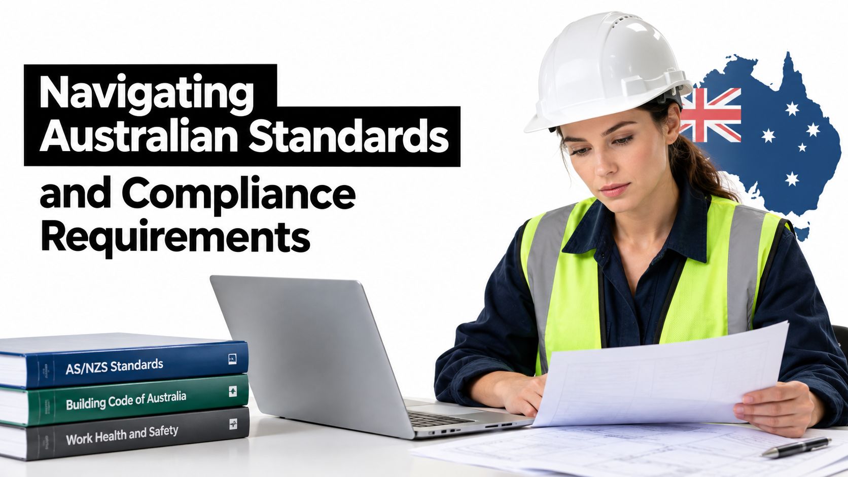 A female construction engineer in a hard hat reviewing blueprints with compliance manuals and a laptop.