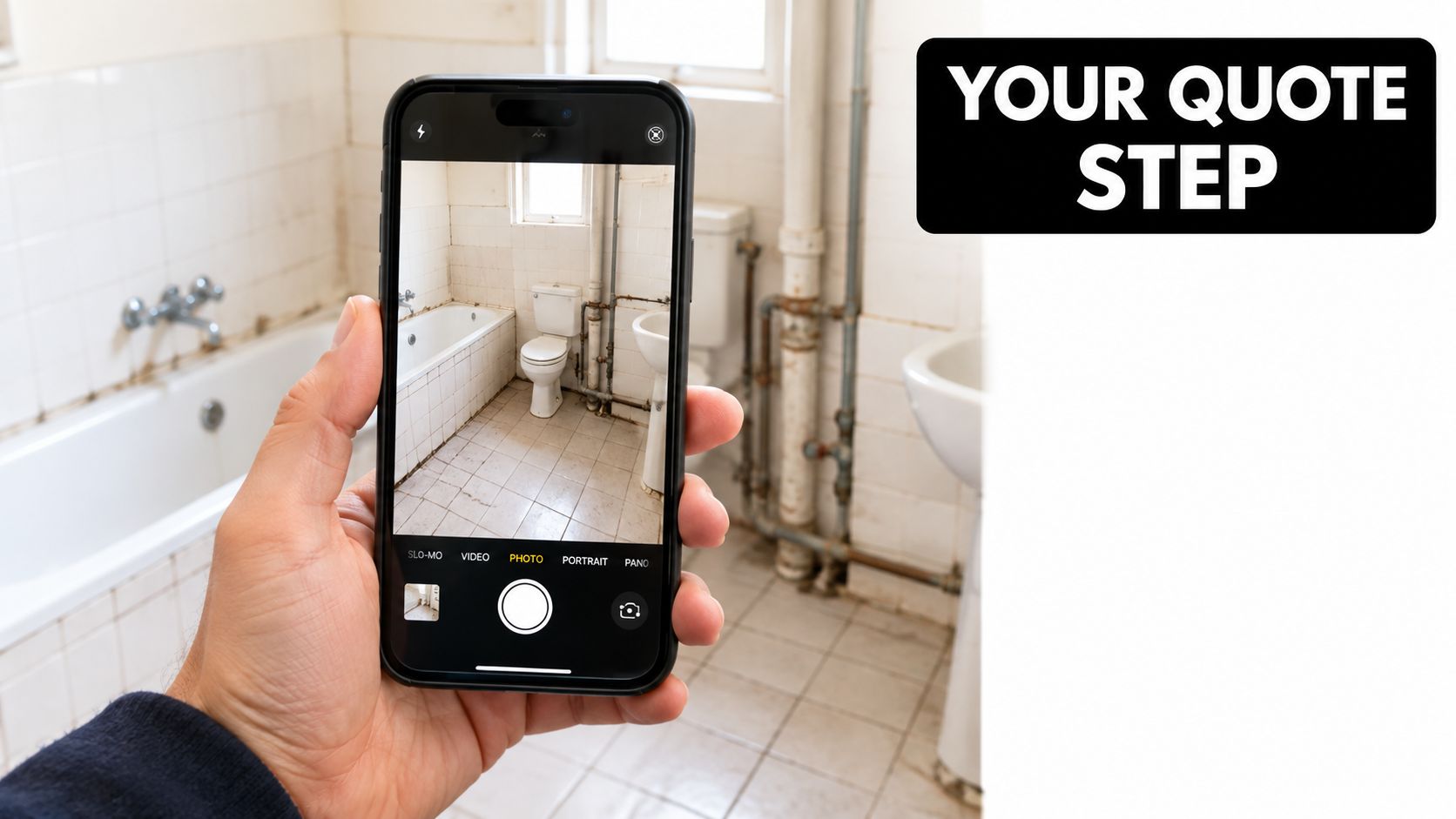 A person holding a smartphone to capture a photo of a bathroom for a remodeling estimate.