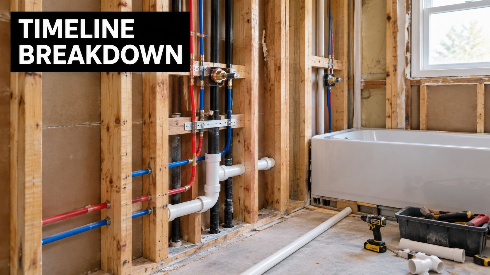 Exposed wall studs and plumbing pipes behind a white bathtub during a home bathroom renovation project.