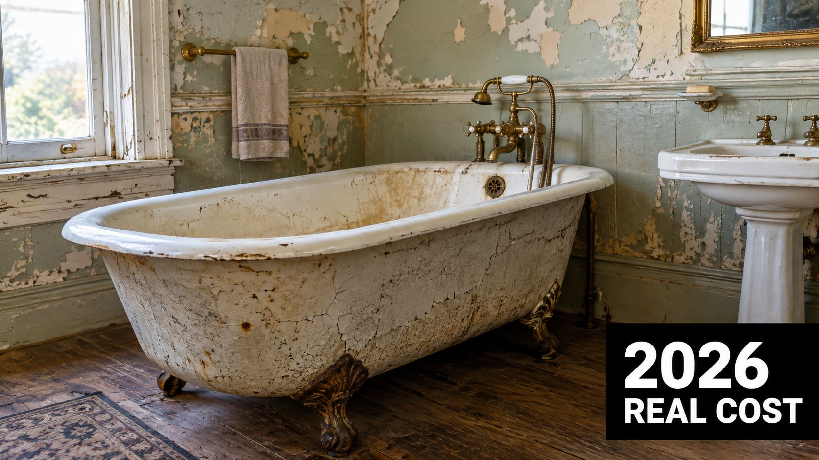 A rustic vintage clawfoot bathtub in a weathered bathroom needing a complete renovation and remodel.