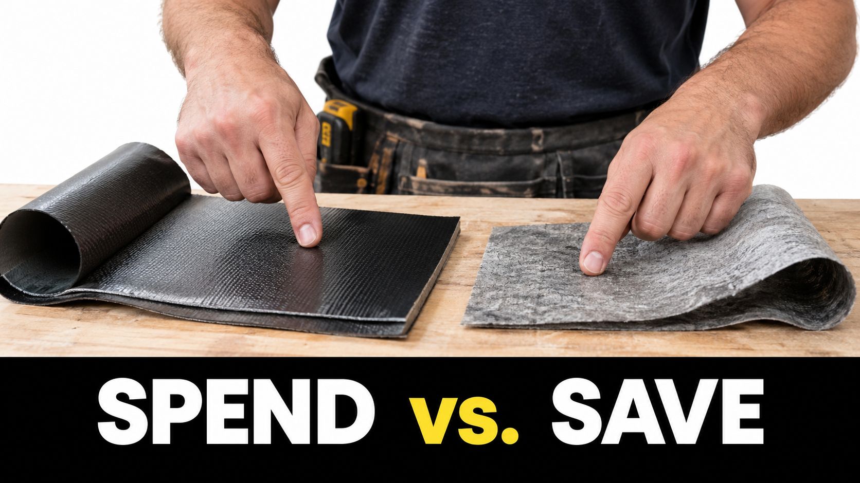 A construction worker compares two types of flooring materials during a professional bathtub remodel project.