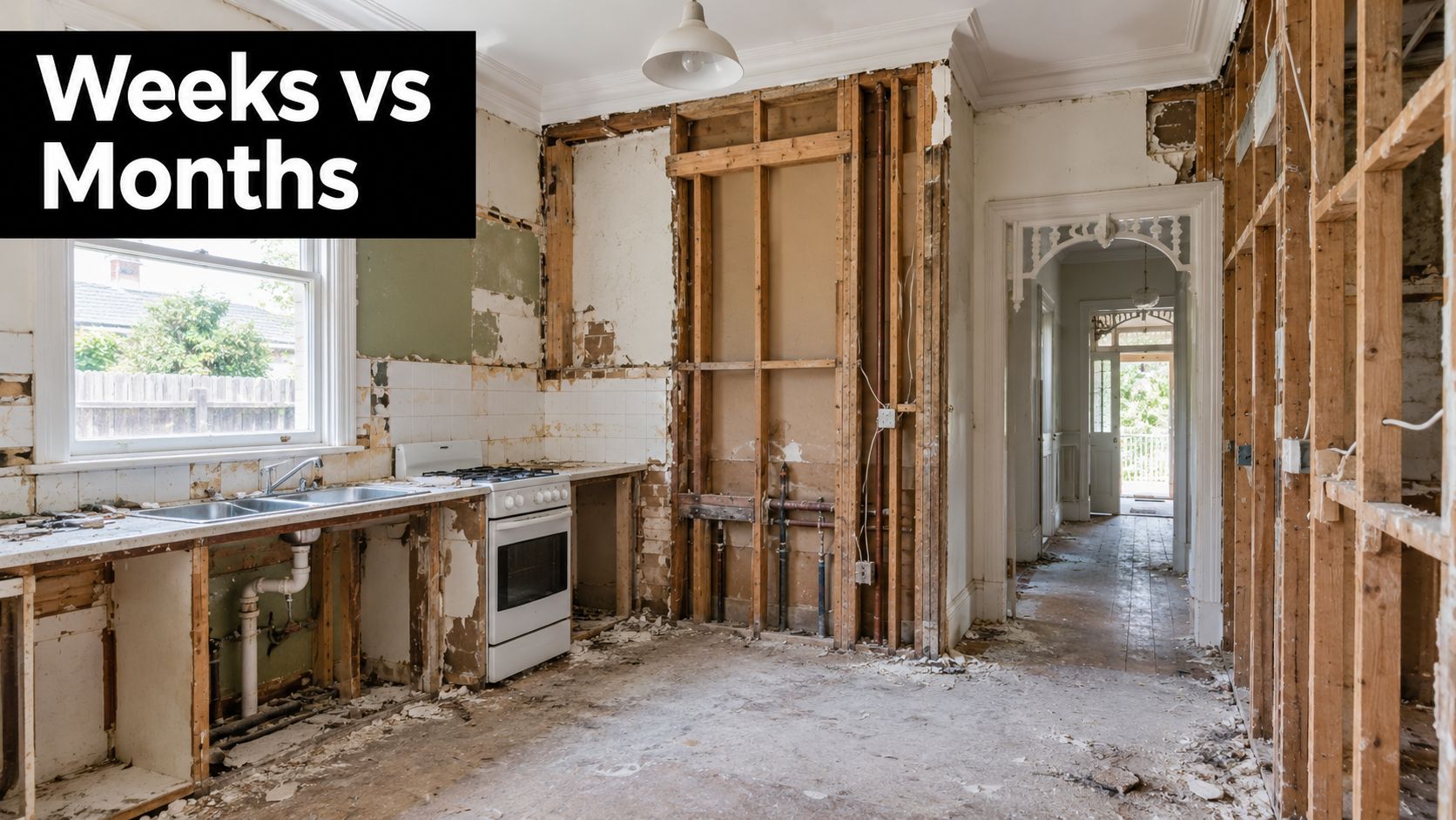 A kitchen under construction with exposed wooden wall studs and demolition debris on the floor.