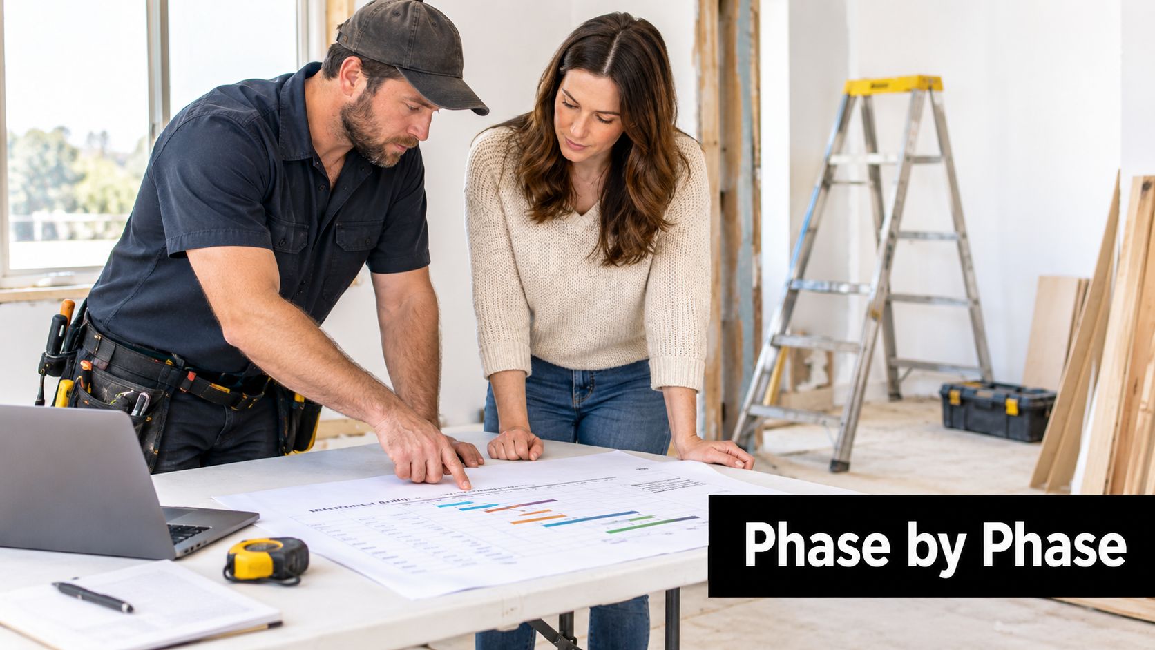 A contractor and a homeowner reviewing renovation project plans on a table at a construction site.