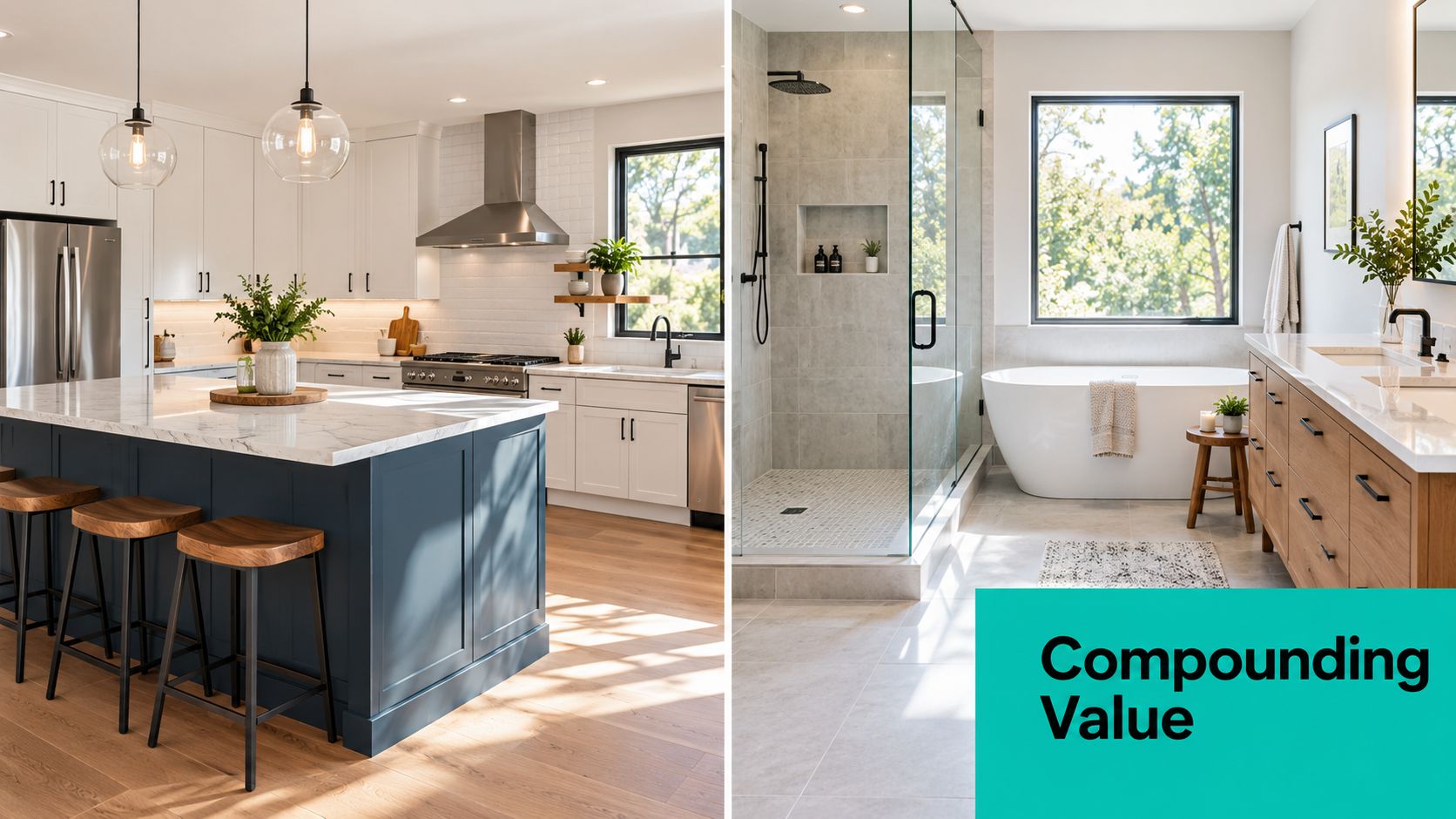A split image showing a modern navy blue kitchen island and a luxurious spa-like bathroom renovation.