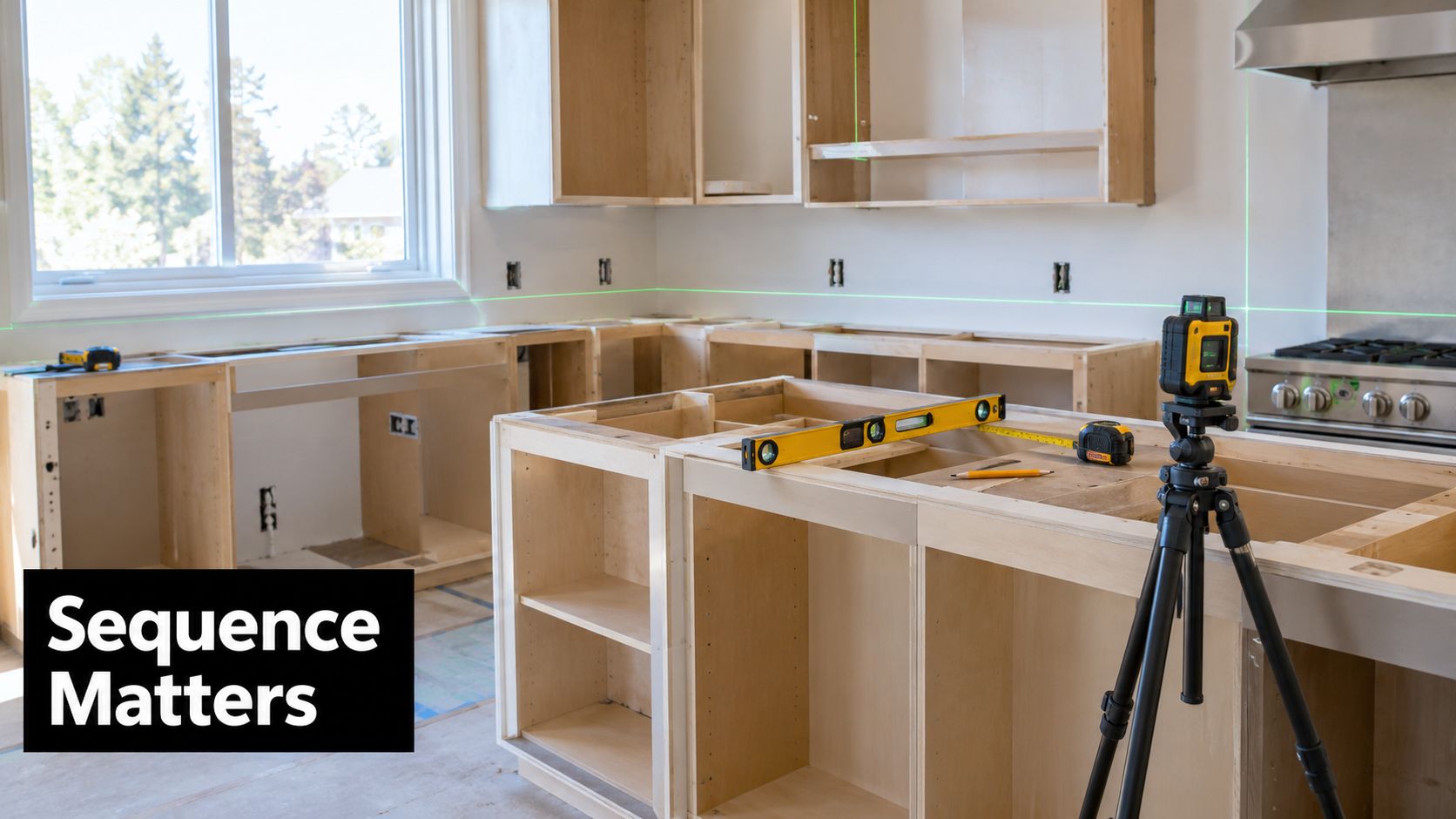 A kitchen under construction with wooden cabinets, a laser level on a tripod, and tools on counters.