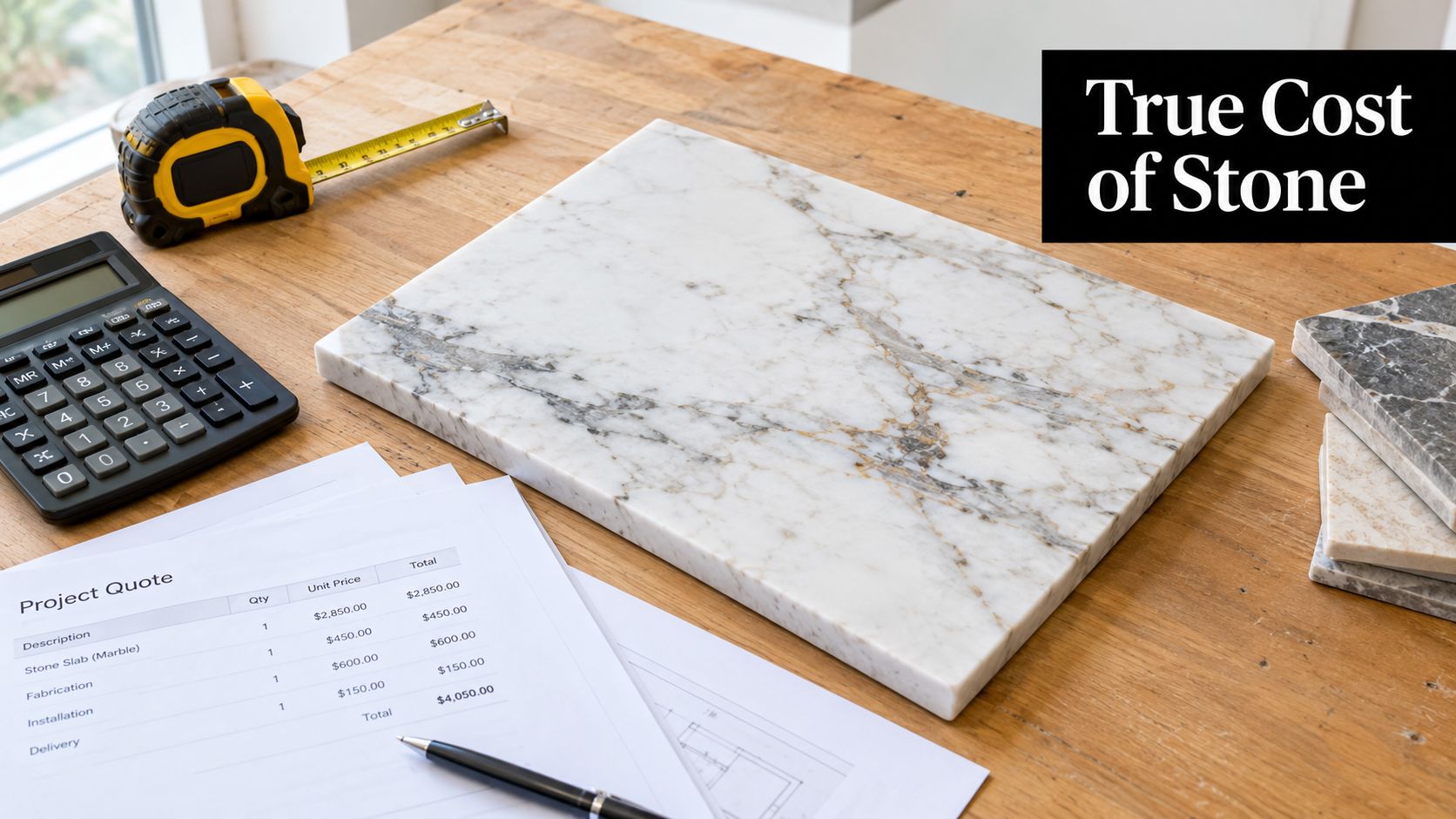A marble stone sample on a wooden desk with a calculator, tape measure, and project quote.