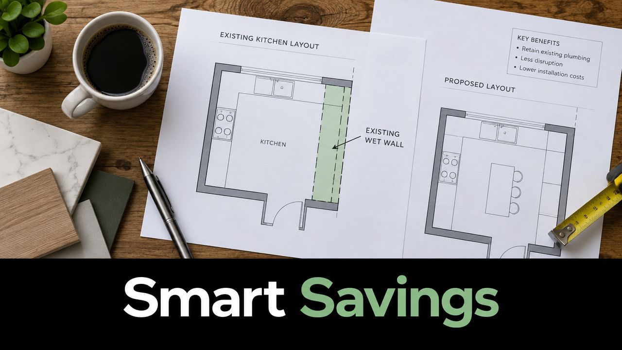 A top-down view of kitchen renovation blueprints on a wooden desk with a coffee cup and samples.