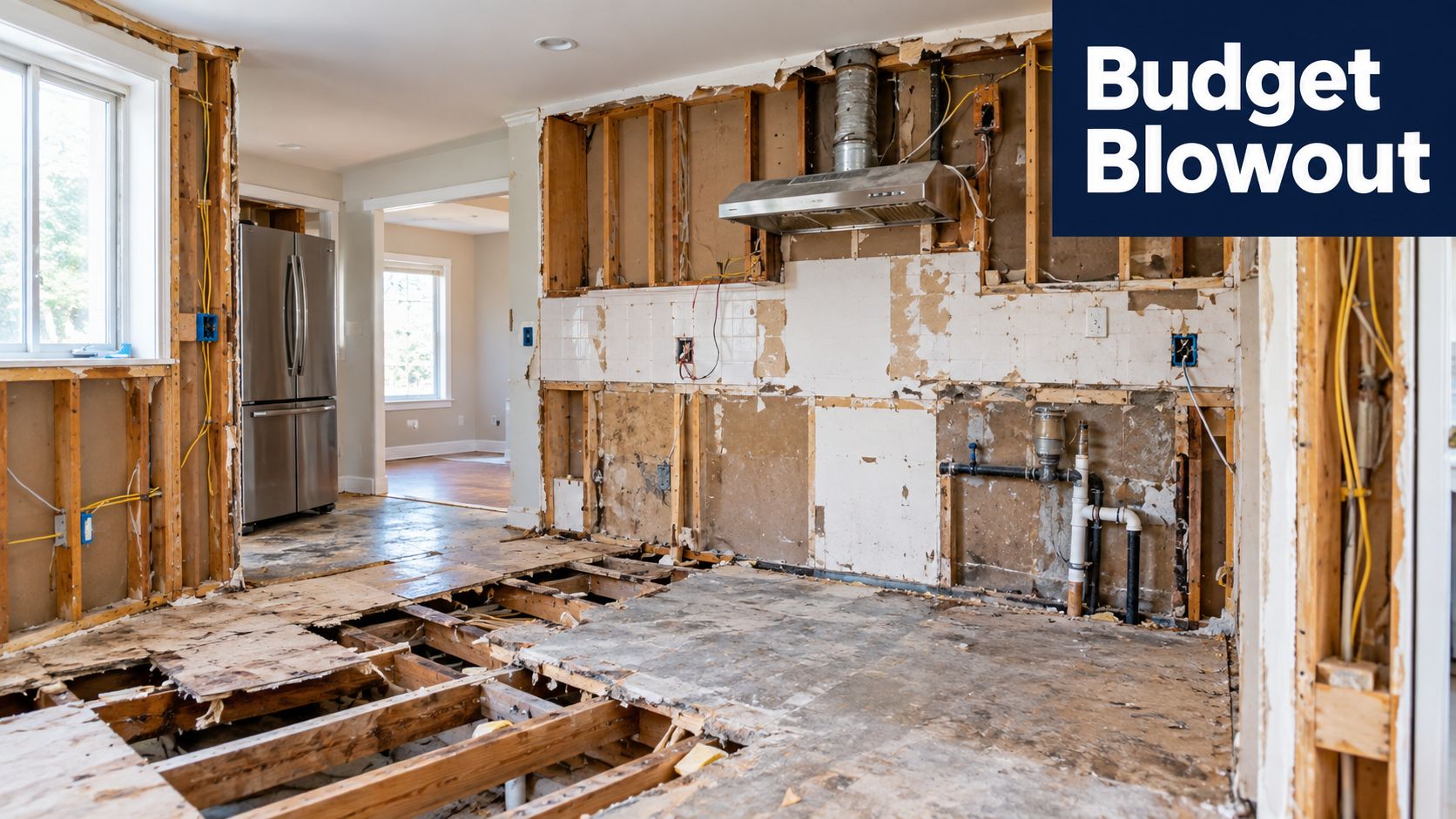 A kitchen under construction with exposed wooden wall studs, subflooring, plumbing pipes, and an installed range hood.