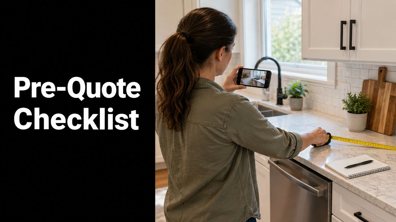 A person taking photos and measuring kitchen countertops to prepare for a home renovation project estimate.