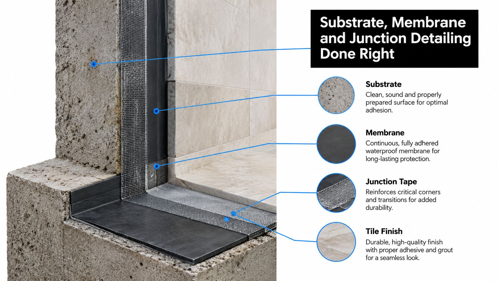 A diagram demonstrating the proper layering of substrate, waterproof membrane, and junction tape for tiled walls.