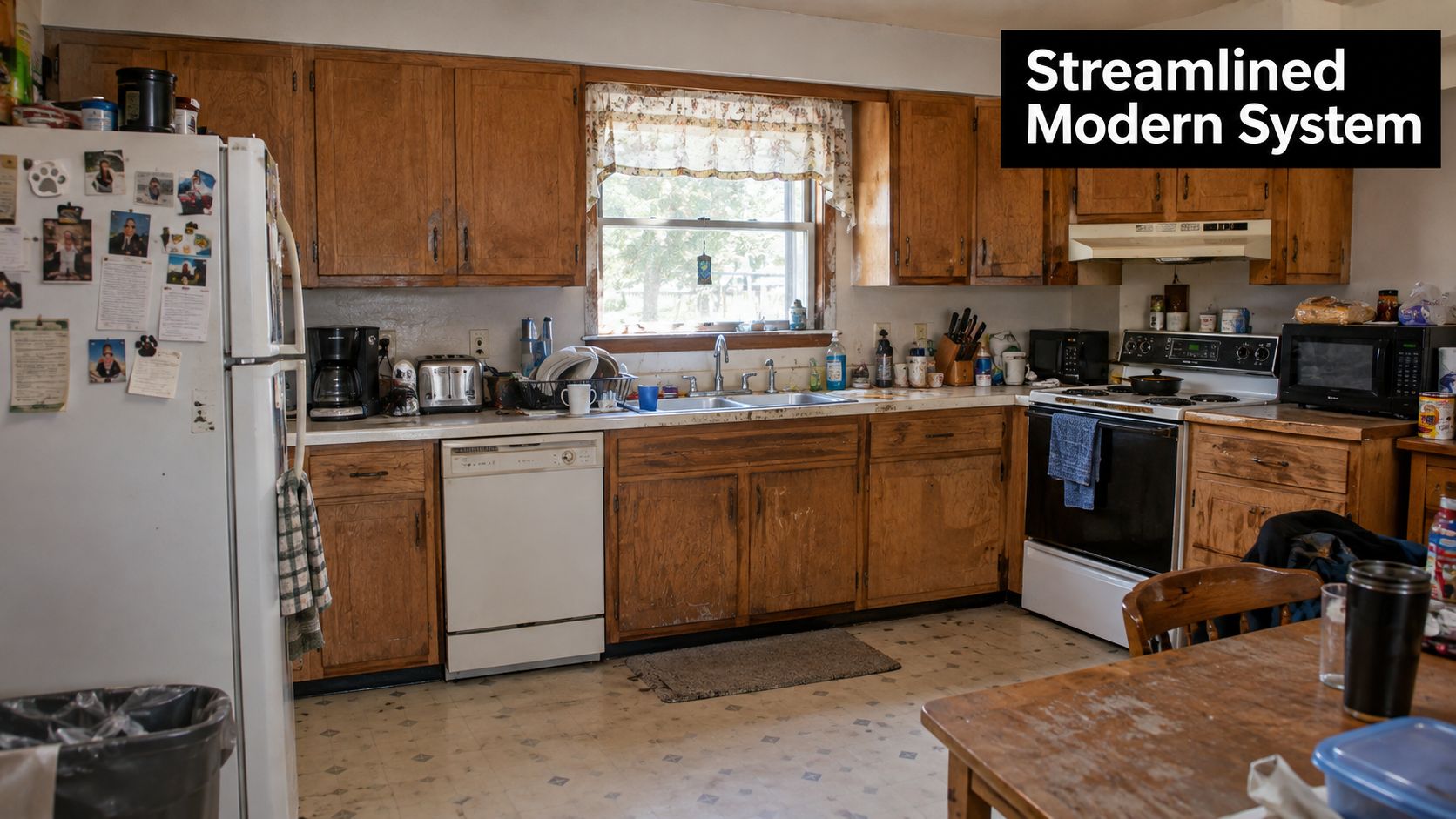 A dated residential kitchen featuring wooden cabinetry, white appliances, and a cluttered countertop in a home setting.