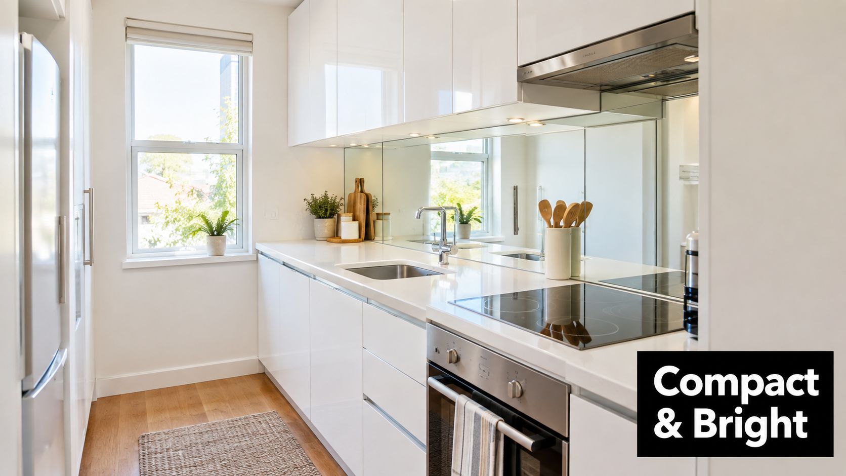 A clean, modern white galley kitchen with glossy cabinets, sleek countertops, and a reflective mirrored backsplash.