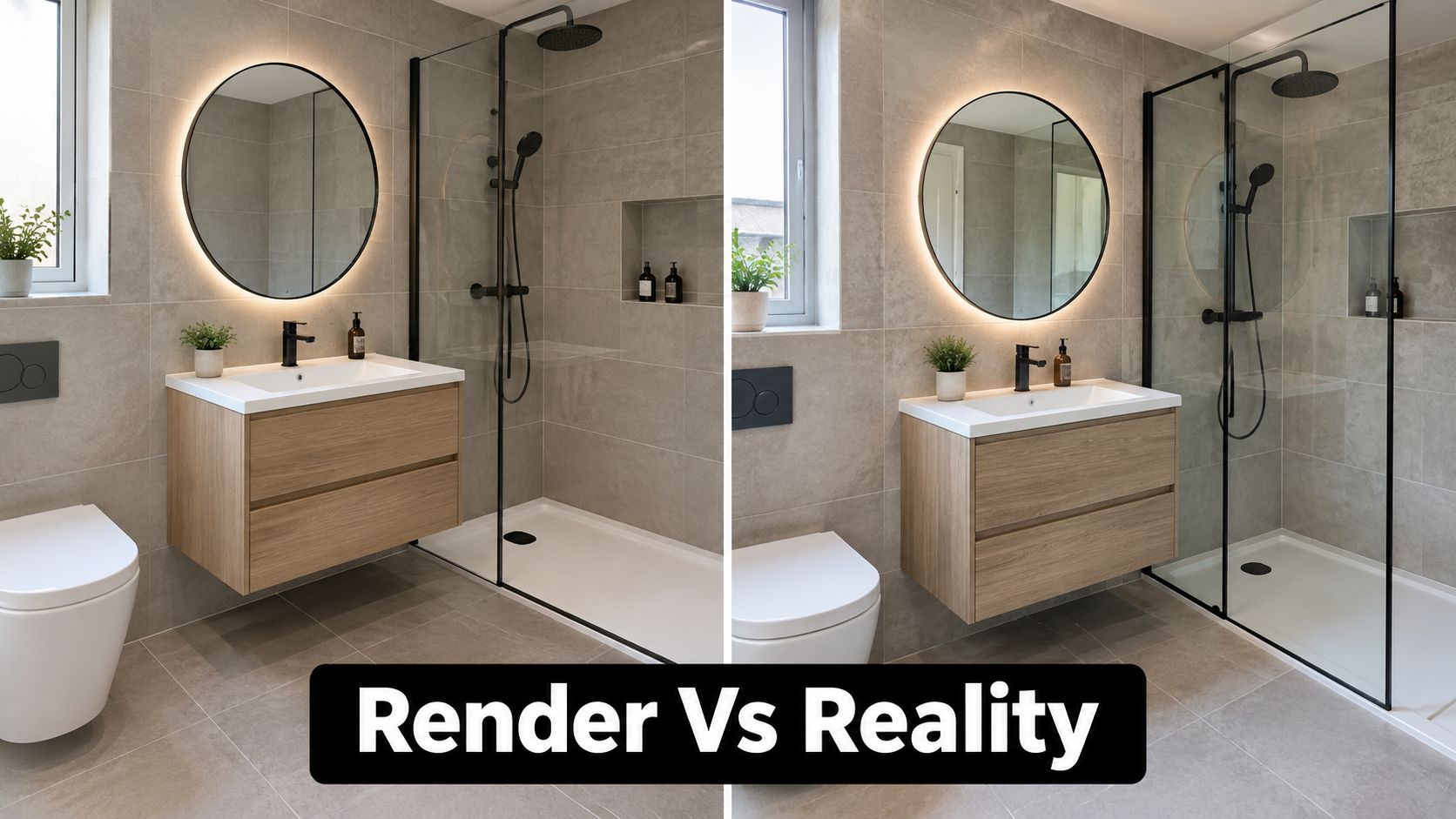 A side-by-side comparison showing a bathroom 3D design rendering next to the actual built bathroom interior.