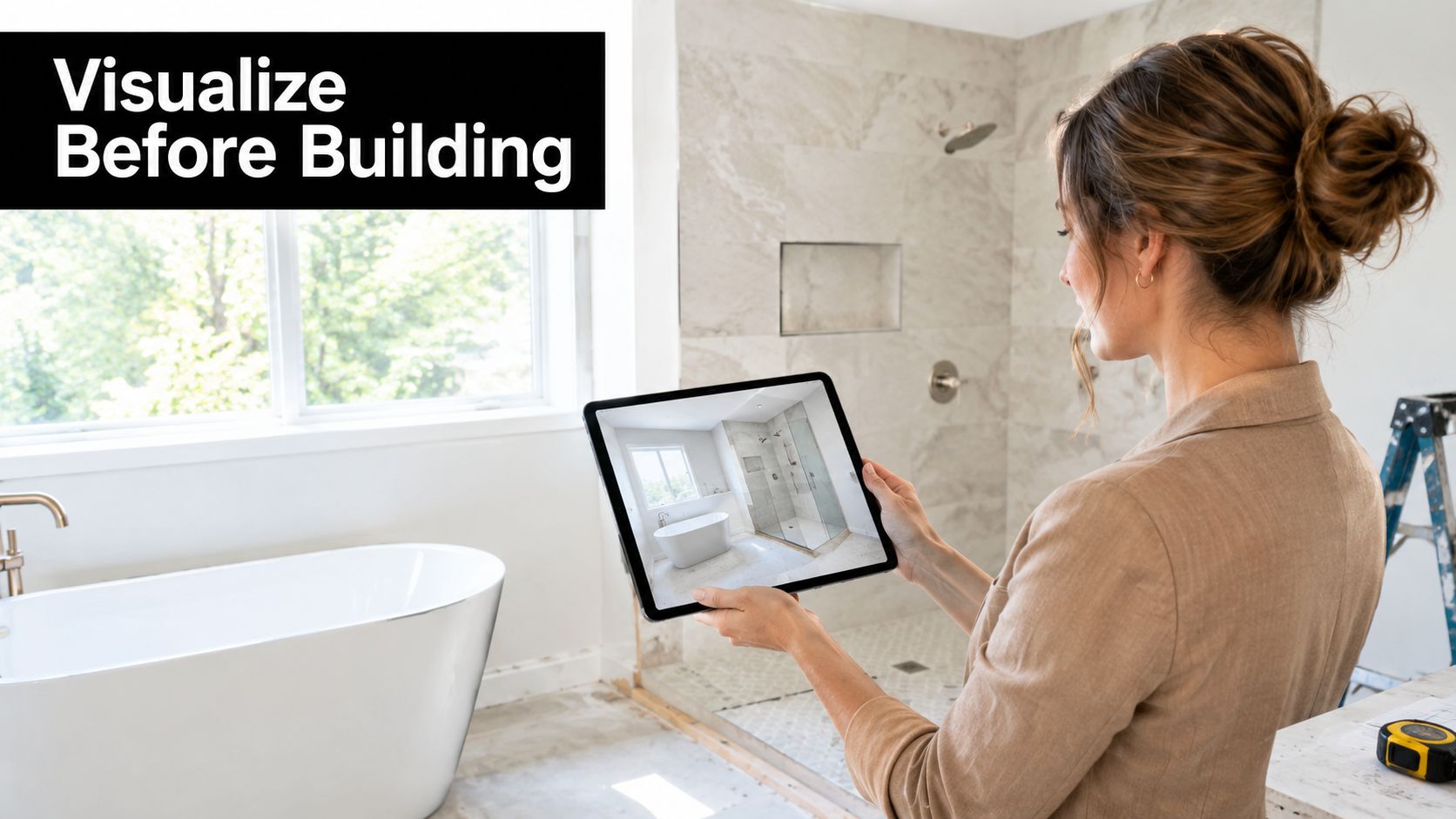 A woman holds a digital tablet showing a 3D bathroom design inside a construction site.