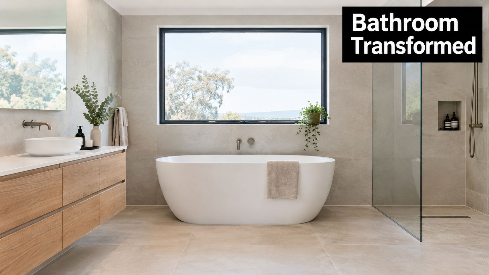 A luxurious modern bathroom featuring a freestanding white bathtub, wooden vanity, and a glass-enclosed shower area.