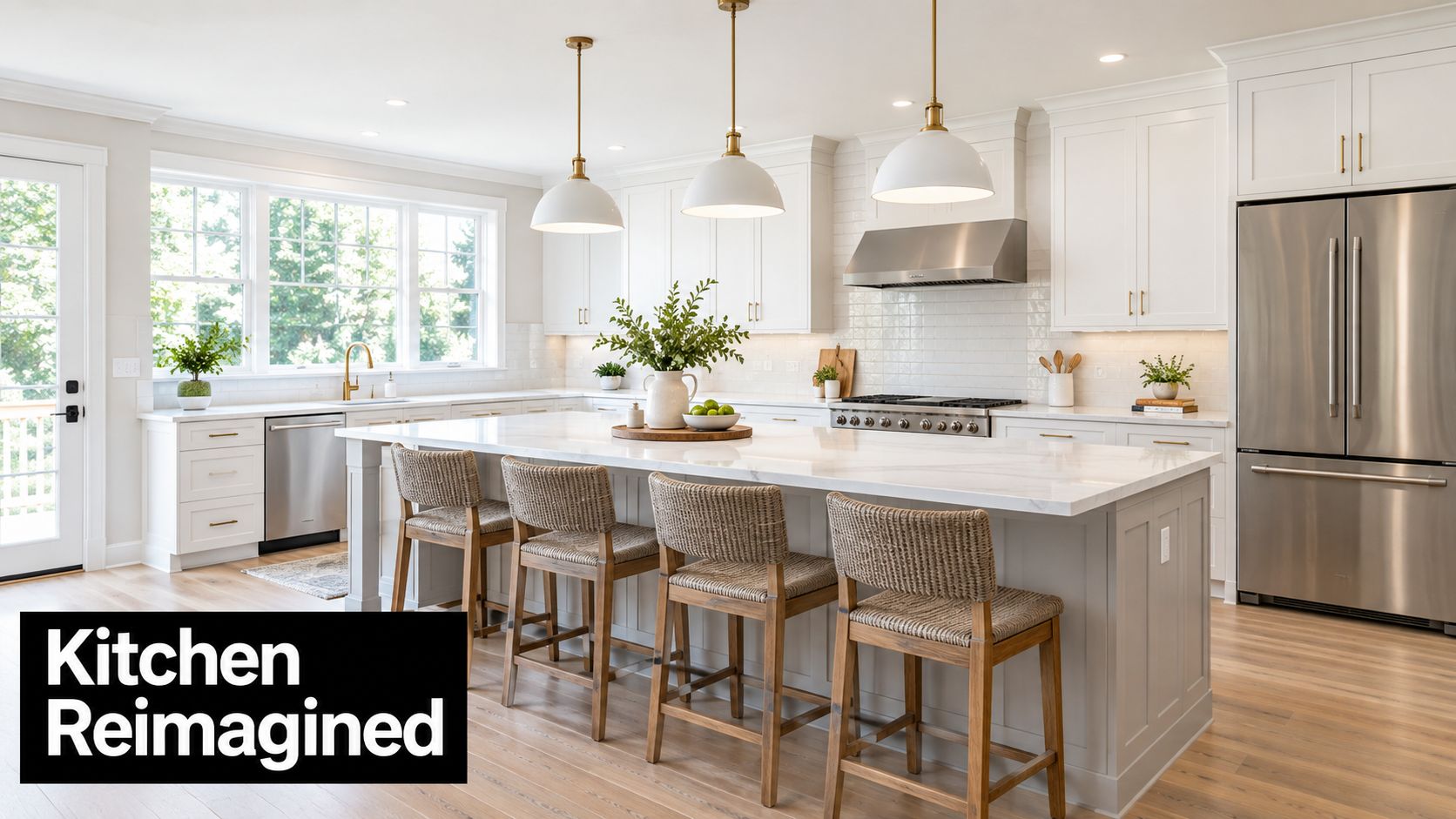 A beautifully renovated modern kitchen featuring white cabinetry, a large marble island, and woven bar stools.