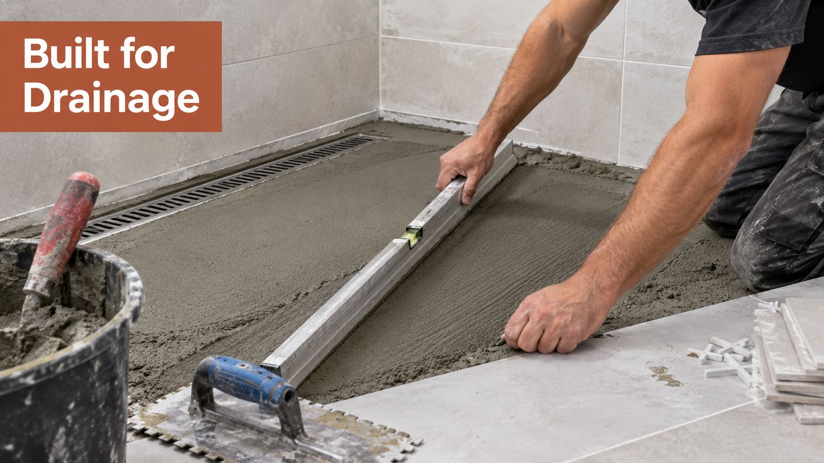 A construction worker leveling mortar for a shower base to ensure proper drainage for bathroom flooring installation.