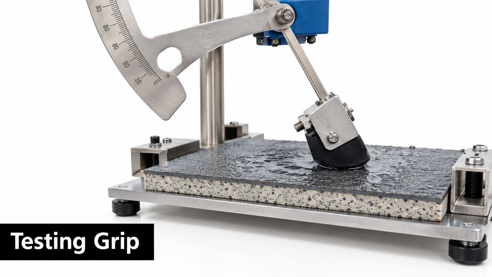 A slip resistance testing machine evaluating the grip of a textured tile sample with water on the surface.