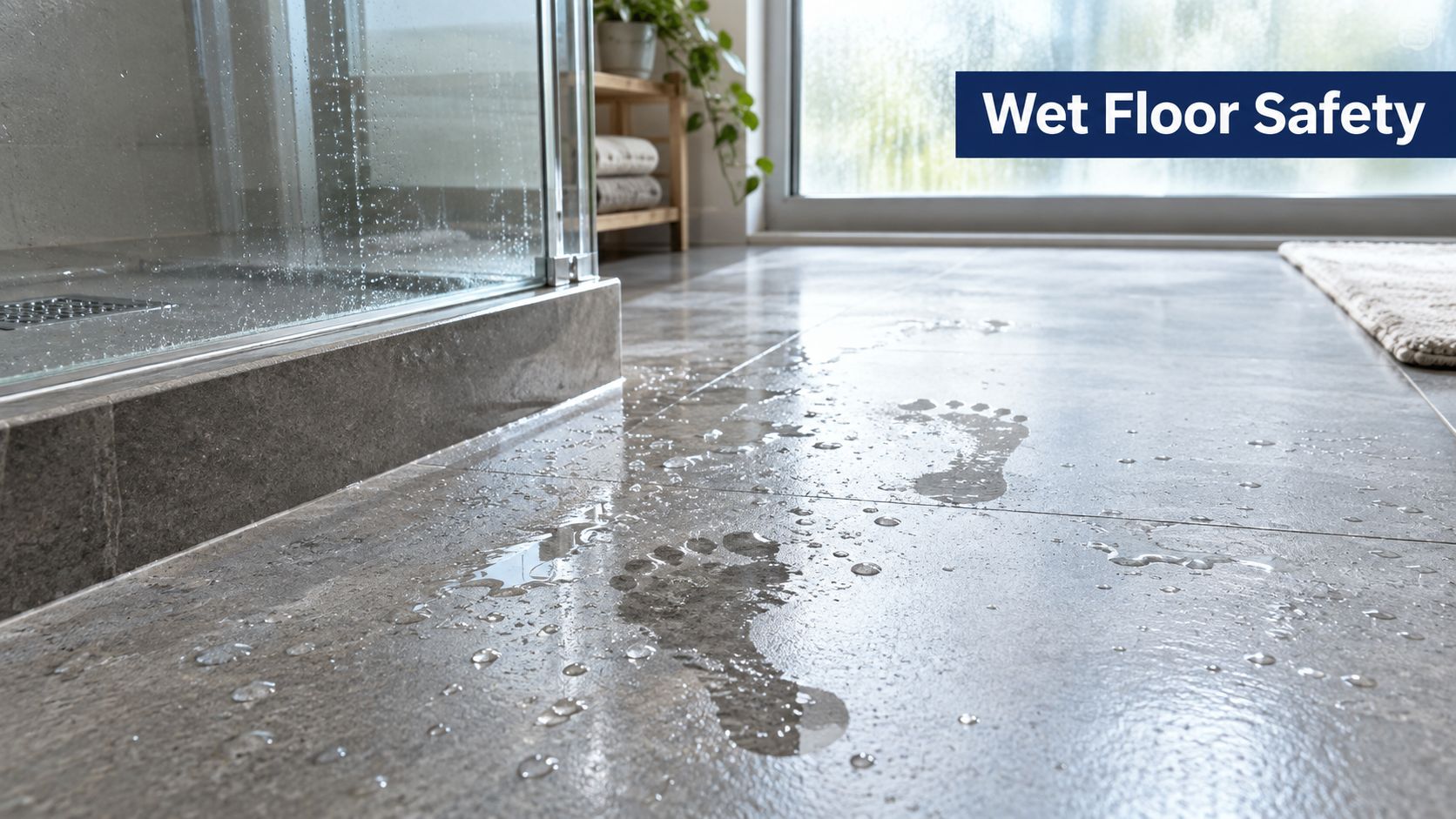 Bare wet footprints on the tiled floor of a bathroom next to a glass shower enclosure.