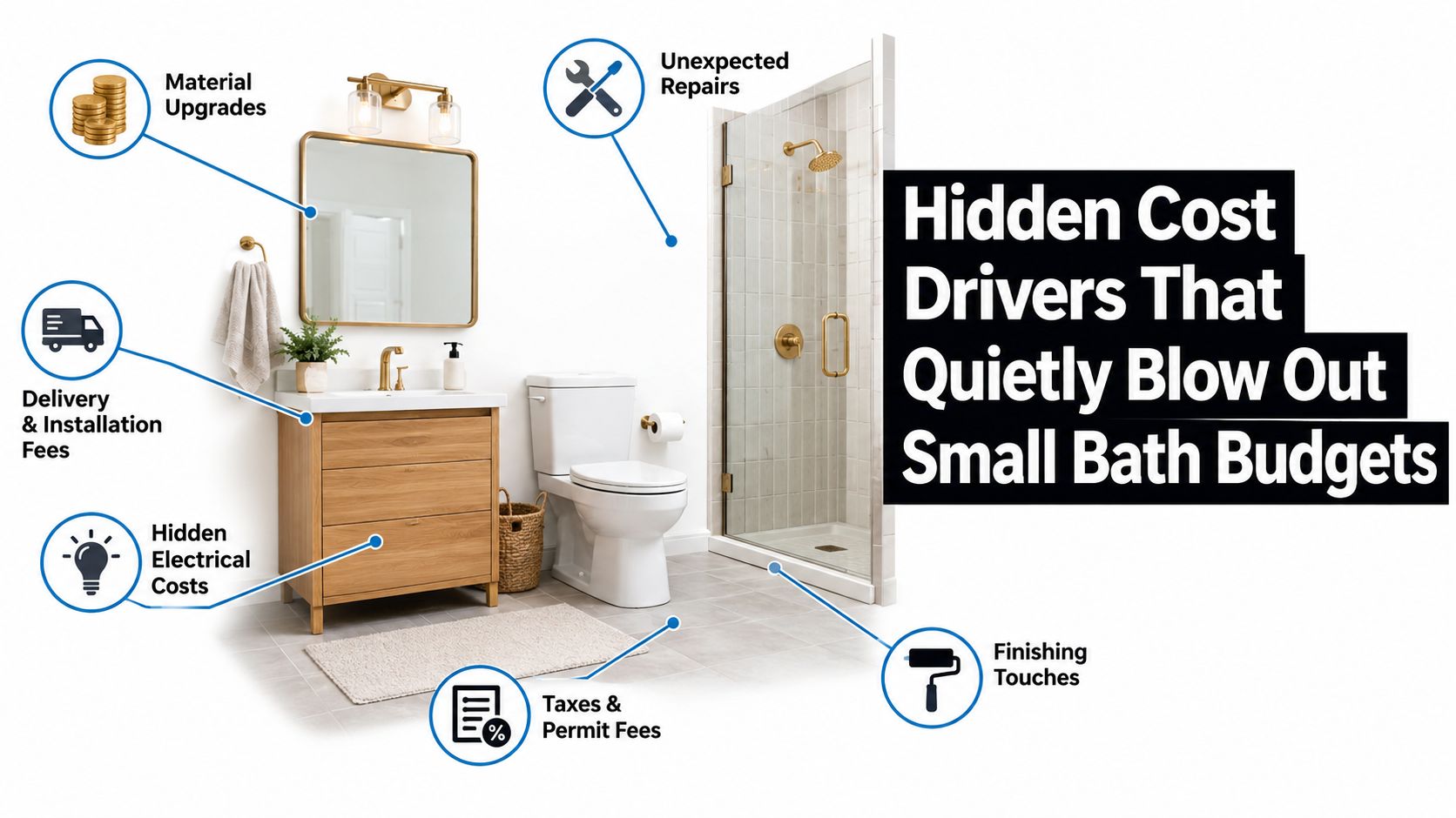 A bathroom renovation infographic highlighting various hidden cost drivers like material upgrades, repairs, and permit fees.
