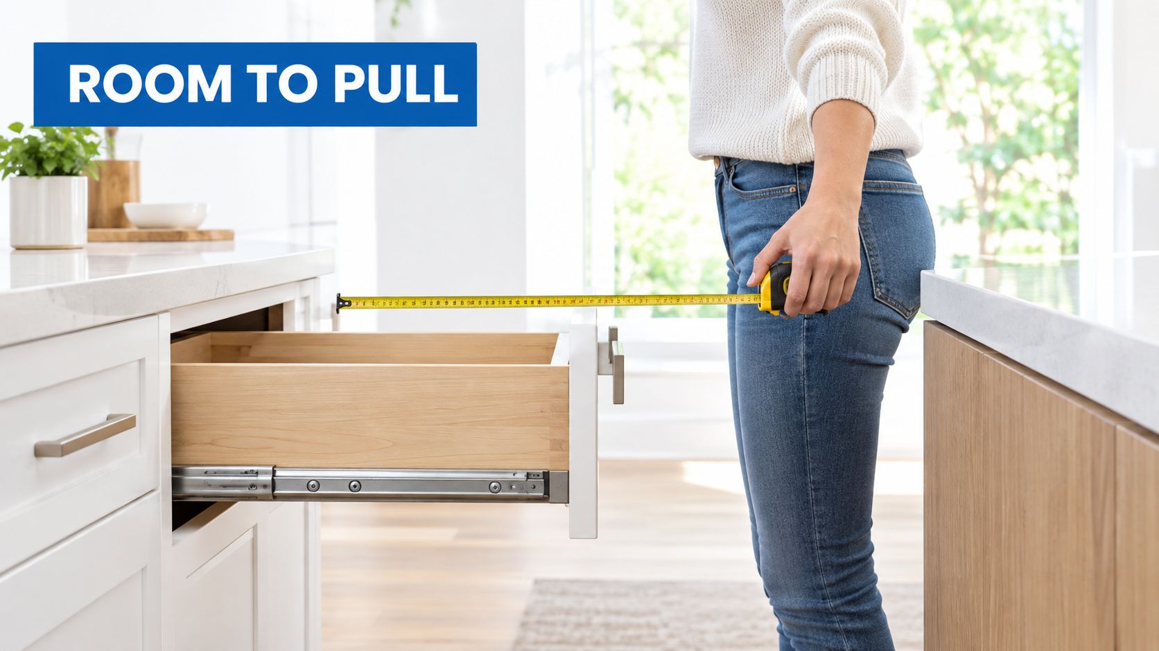 A person measuring the clearance distance between an open kitchen drawer and the opposite cabinet structure.