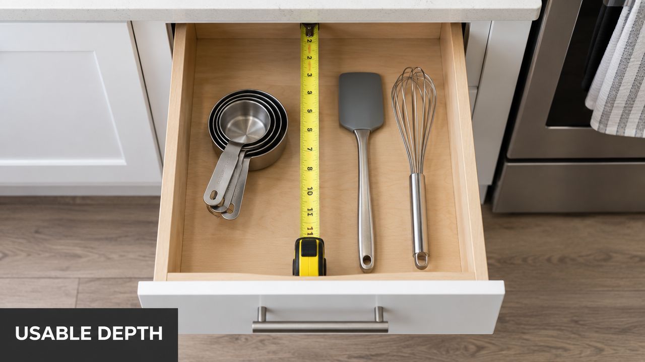 A yellow tape measure placed inside an open kitchen drawer to show the usable interior depth.