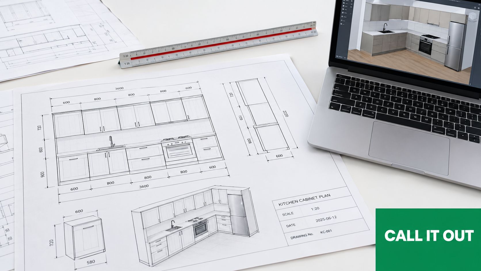 Technical blueprints of a kitchen cabinet layout displayed alongside a laptop and architectural scale ruler.
