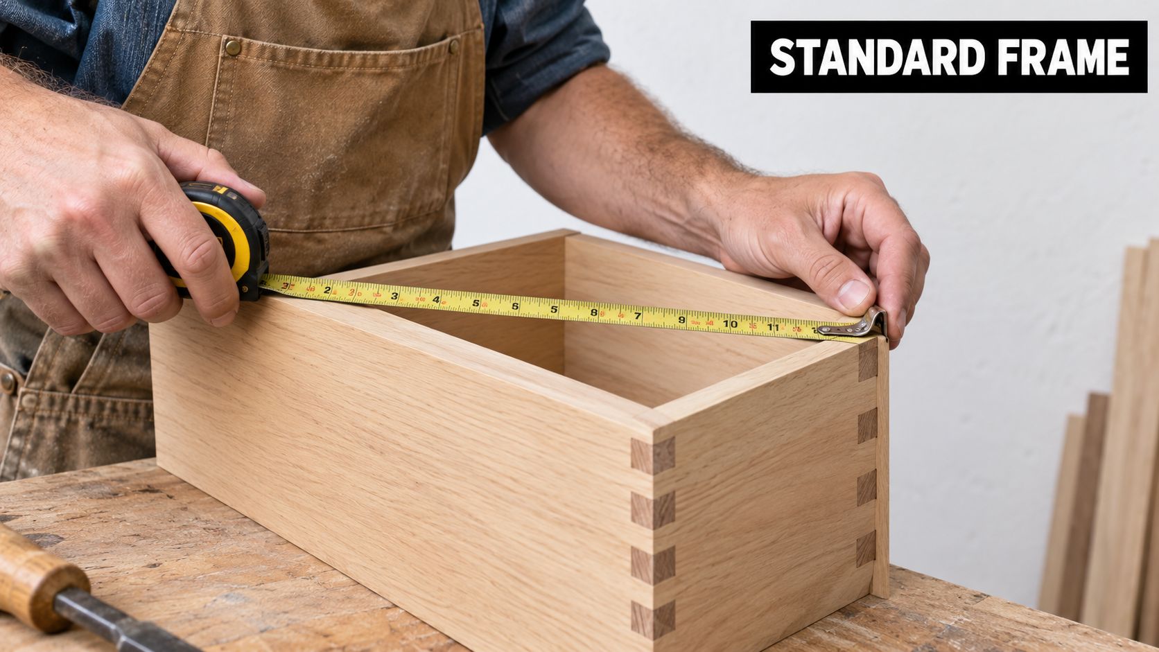 A woodworker measuring the interior width of a dovetail wooden box with a yellow tape measure.