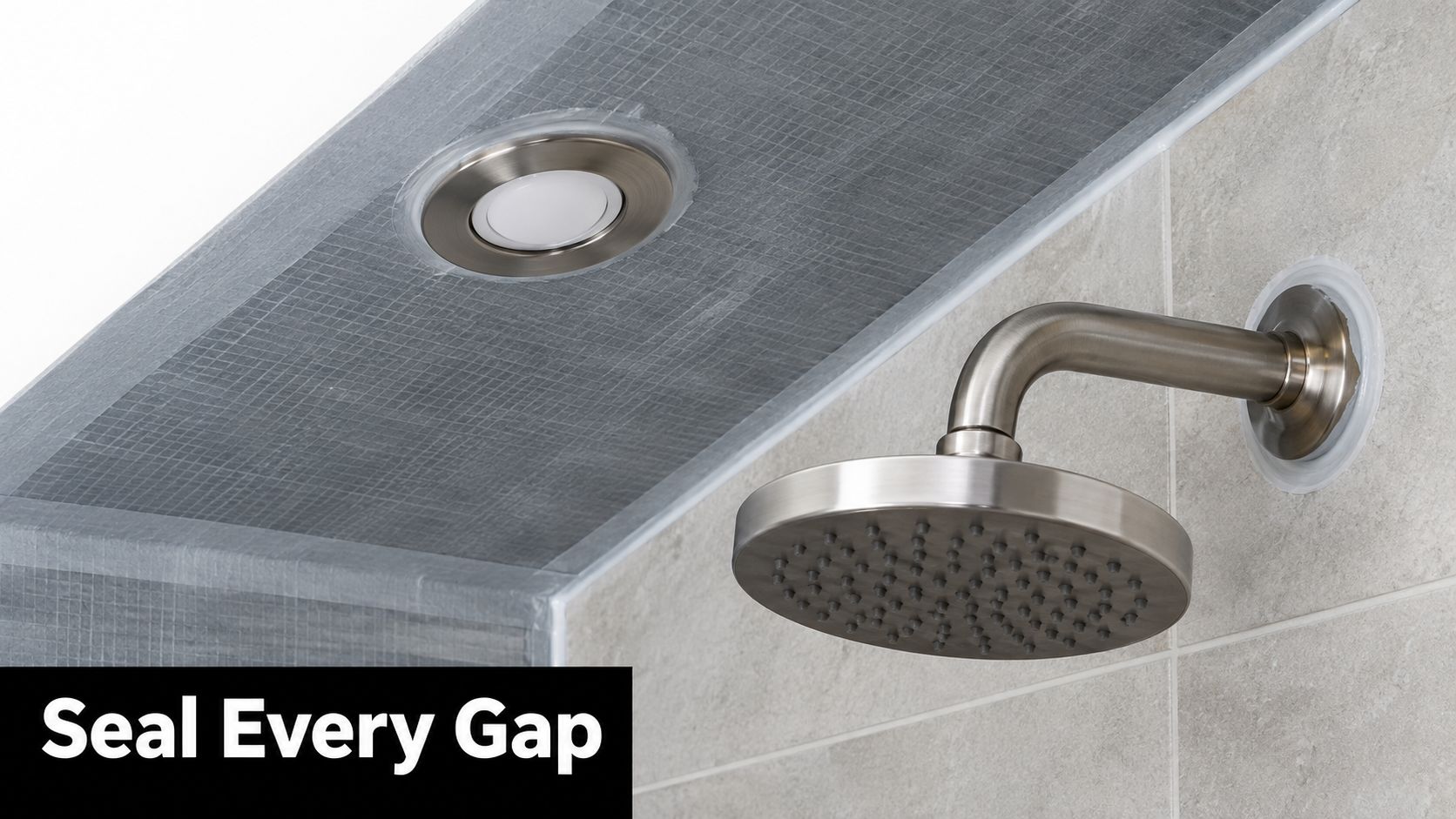 A close-up view of a bathroom showing a shower head and ceiling light with waterproof silicone sealing.