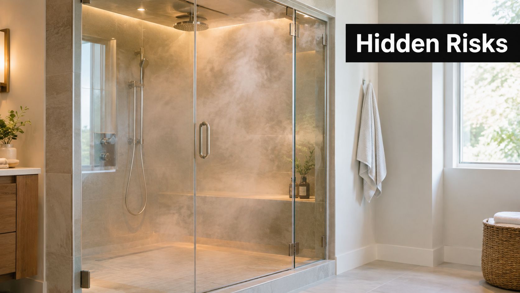 A modern steam shower enclosure in a bright, tiled bathroom with thick steam filling the interior.