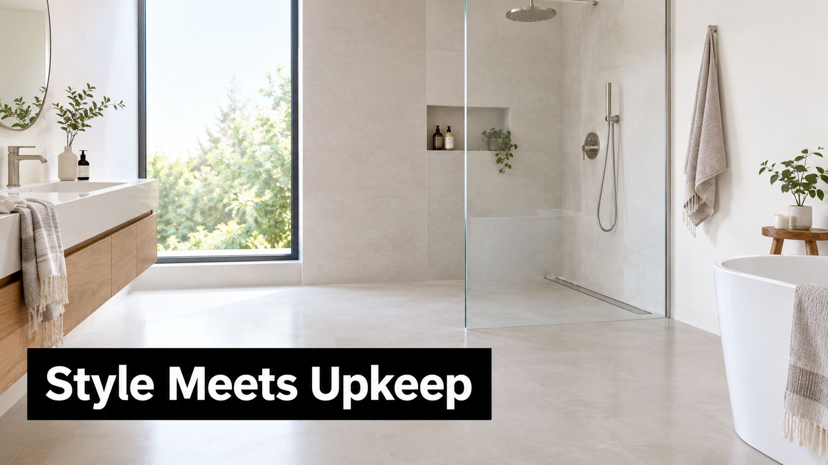 A modern, minimalist bathroom featuring a spacious walk-in shower, freestanding bathtub, and a wood-accented vanity.