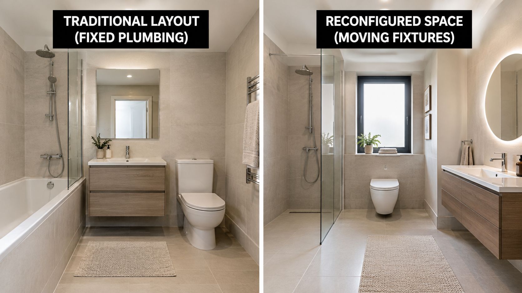 A split image showing a bathroom layout comparison between a traditional tub-shower and a reconfigured walk-in shower.