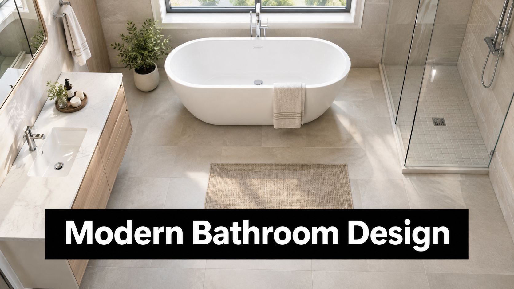 A modern bathroom design featuring a freestanding white bathtub, glass-enclosed shower, and a minimalist marble vanity.