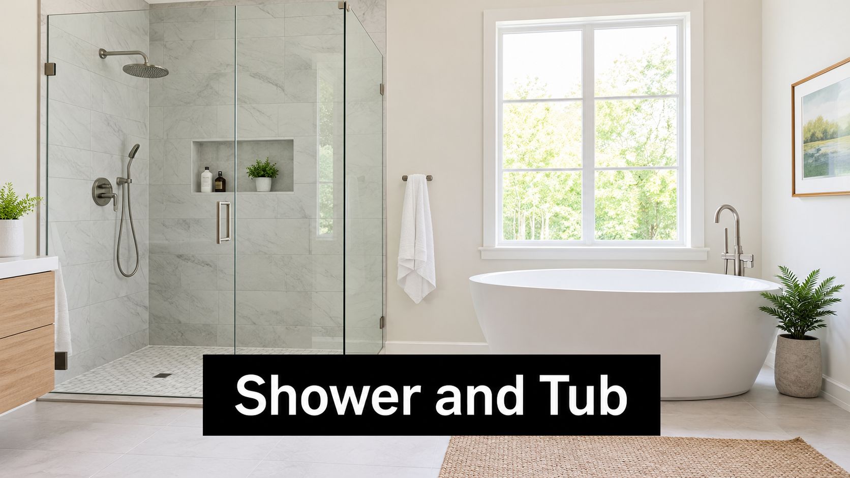 A modern bathroom with a glass-enclosed shower, freestanding white bathtub, and neutral elegant decor.