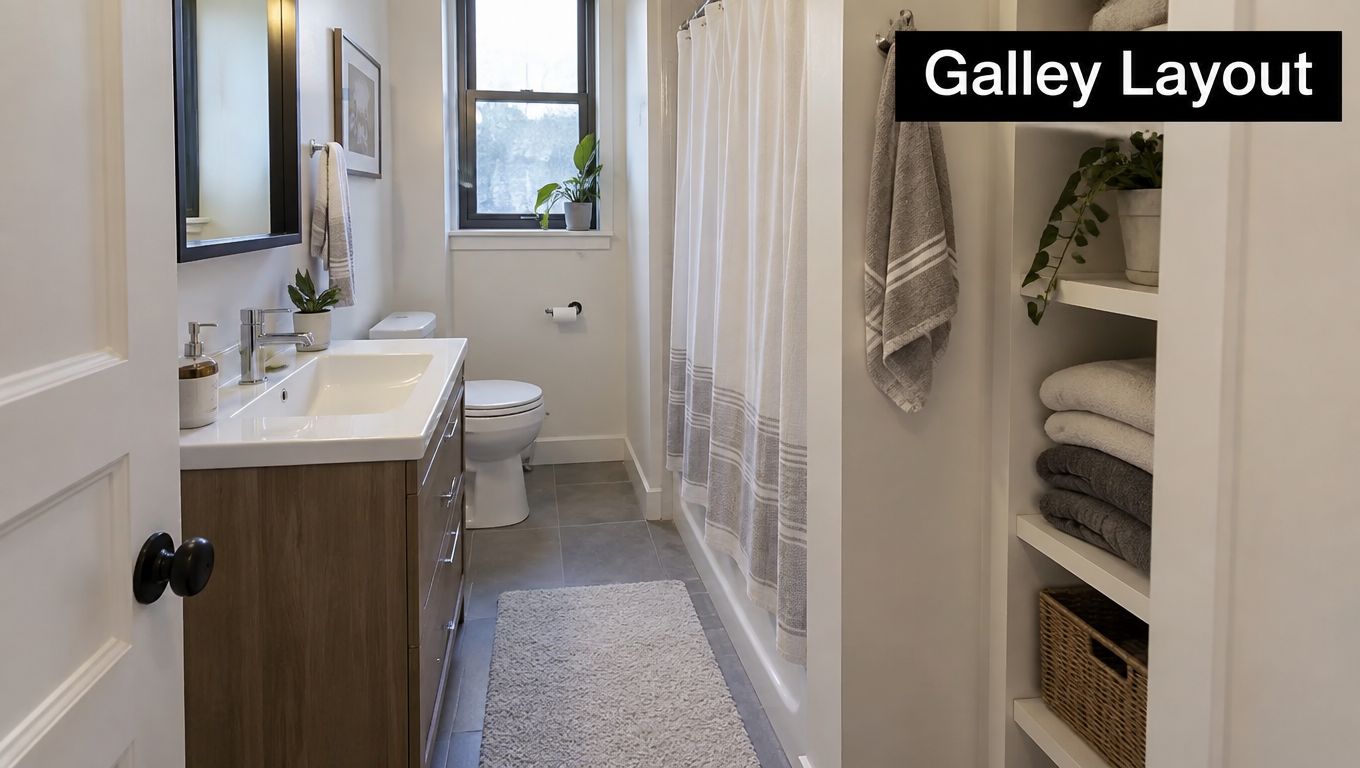 A narrow bathroom featuring a wood vanity, white toilet, shower with curtain, and open shelving with towels.