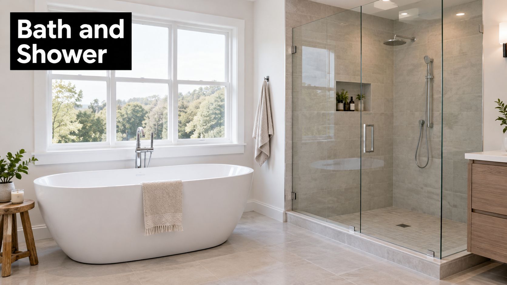 A luxurious modern bathroom featuring a white freestanding soaking tub and a spacious glass-enclosed walk-in shower.