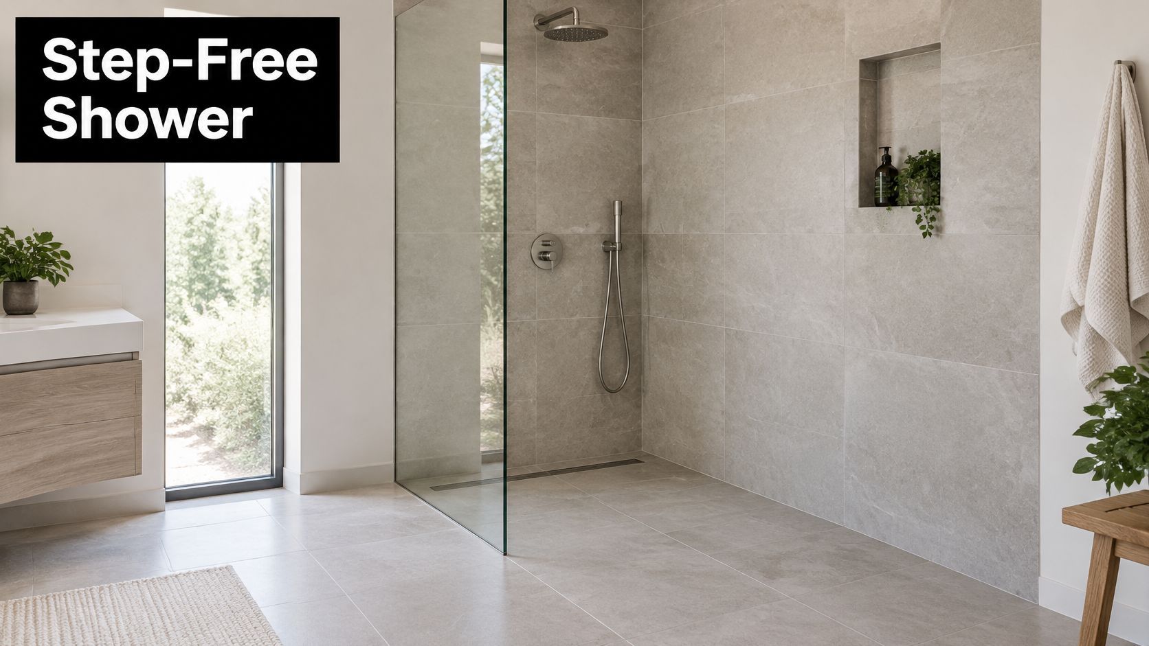 A modern, accessible bathroom featuring a spacious, step-free walk-in shower with neutral stone tiles and glass paneling.