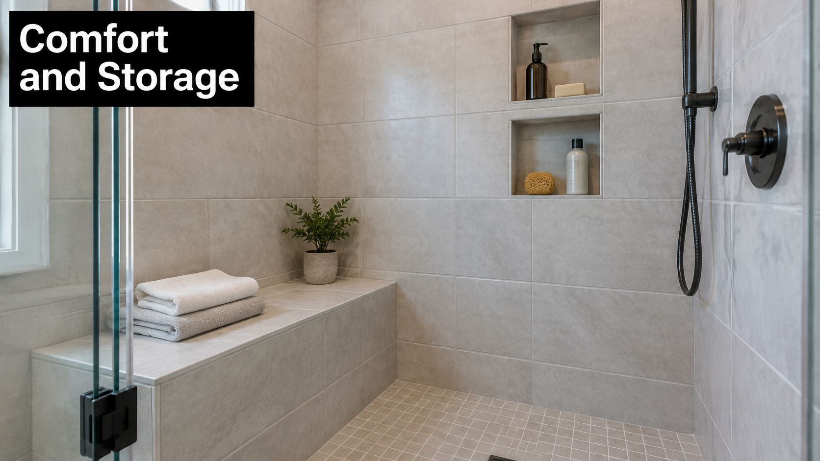 A modern walk-in shower featuring a built-in tiled bench, two storage niches, and a handheld shower head.