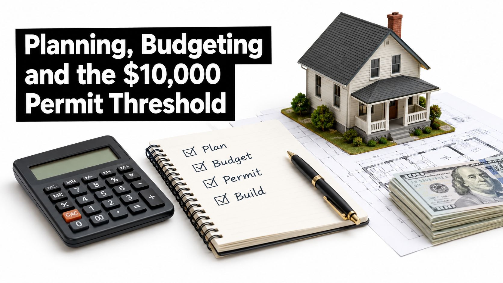 A house model, calculator, money, and a checklist for planning, budgeting, permits, and building a project.