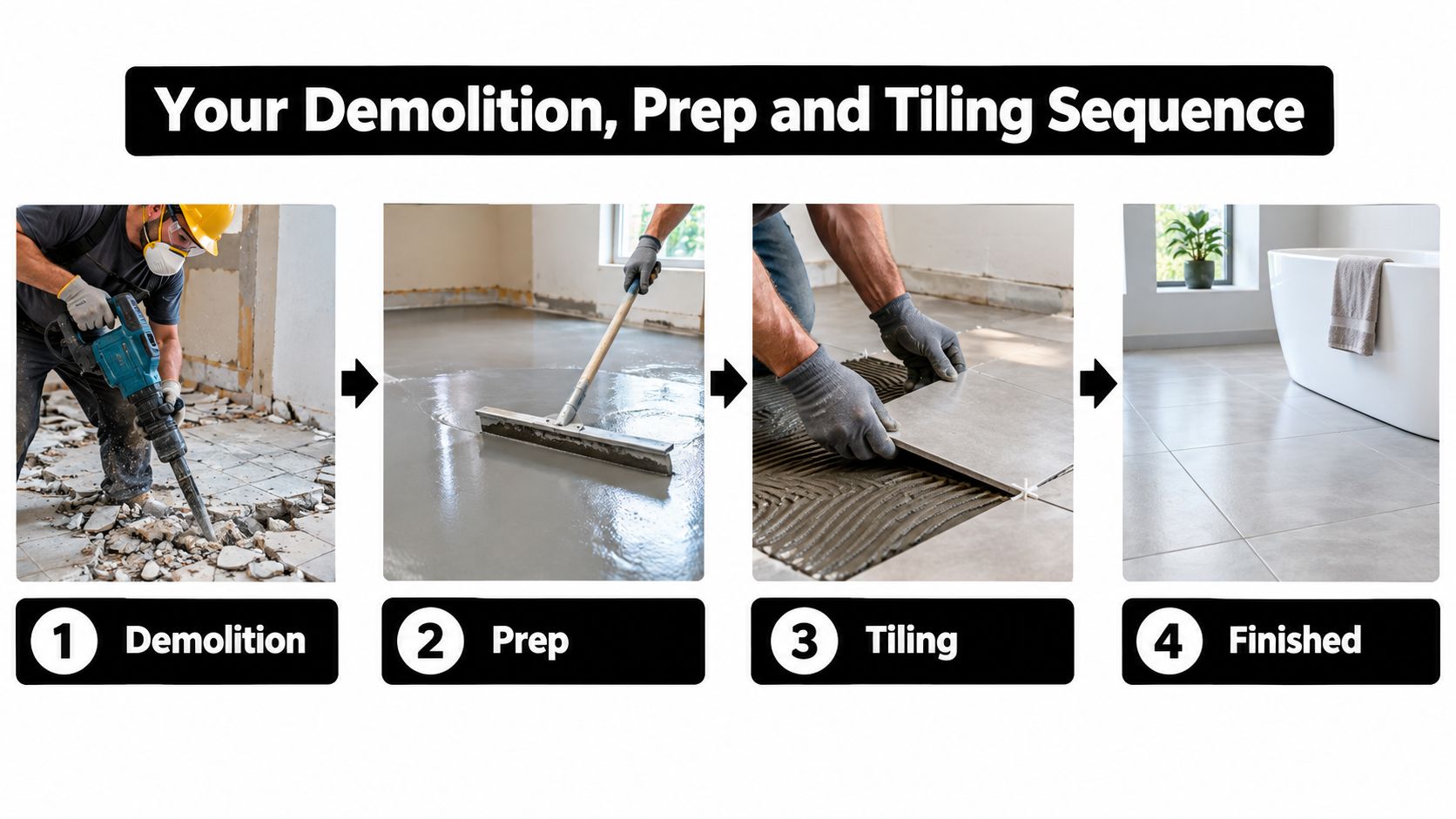 A four-step infographic illustrating the bathroom renovation process including demolition, floor preparation, tiling, and the finished result.