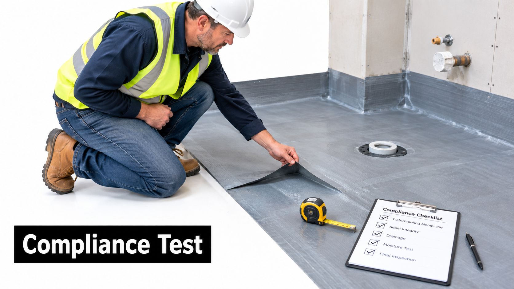 A construction inspector kneeling on a floor inspecting bathroom waterproofing membrane compliance with a checklist.