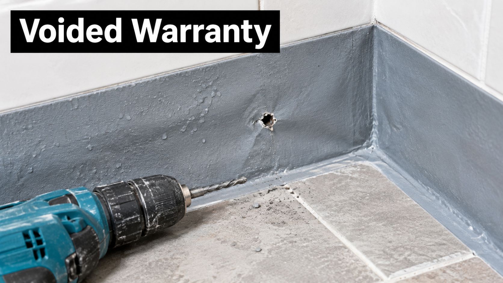 A power drill creates a hole in a grey waterproofed bathroom wall, clearly voiding the installation warranty.