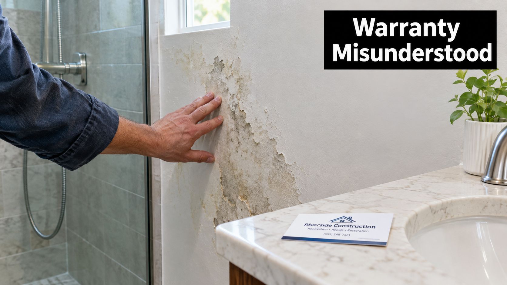 A person inspects water damage and peeling paint on a bathroom wall near a sink and shower.