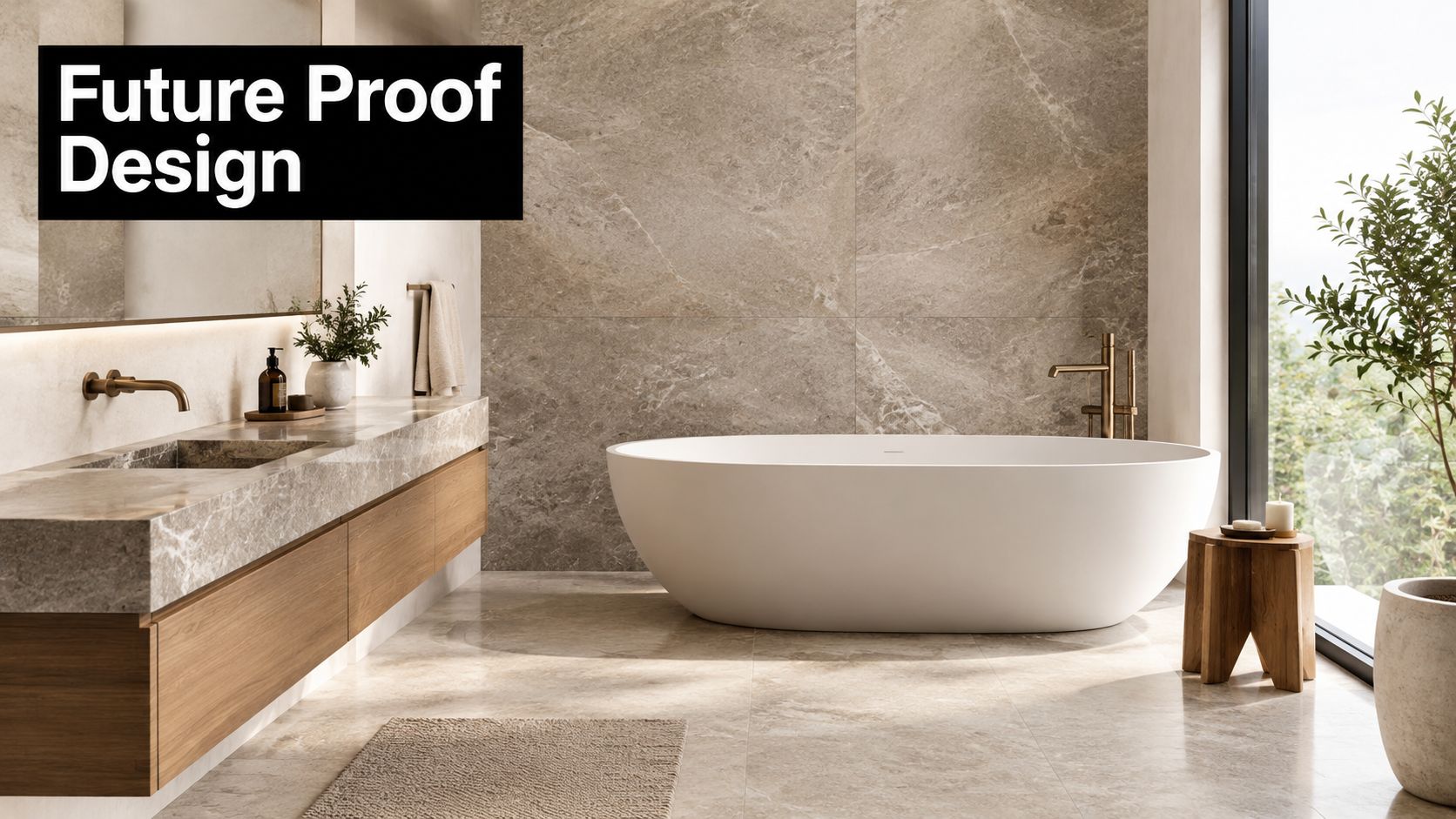 A modern, luxury bathroom interior with a white freestanding bathtub, marble walls, and wood-toned vanity cabinetry.