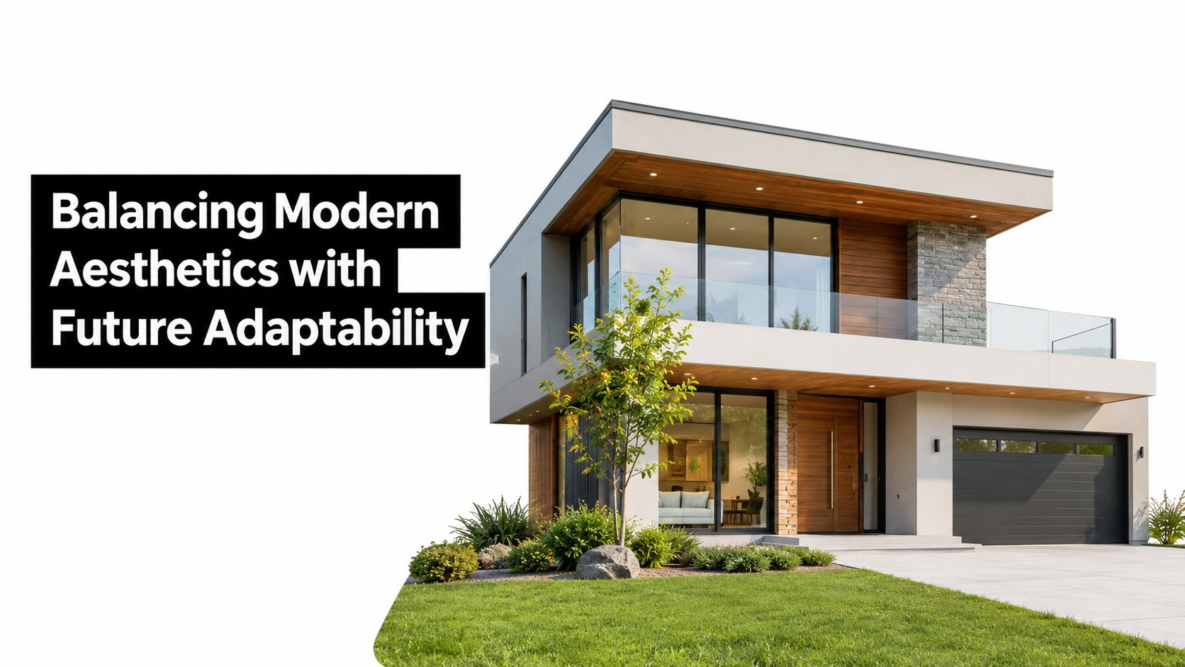 A modern two-story luxury house design featuring clean lines, large glass windows, and a landscaped front yard.