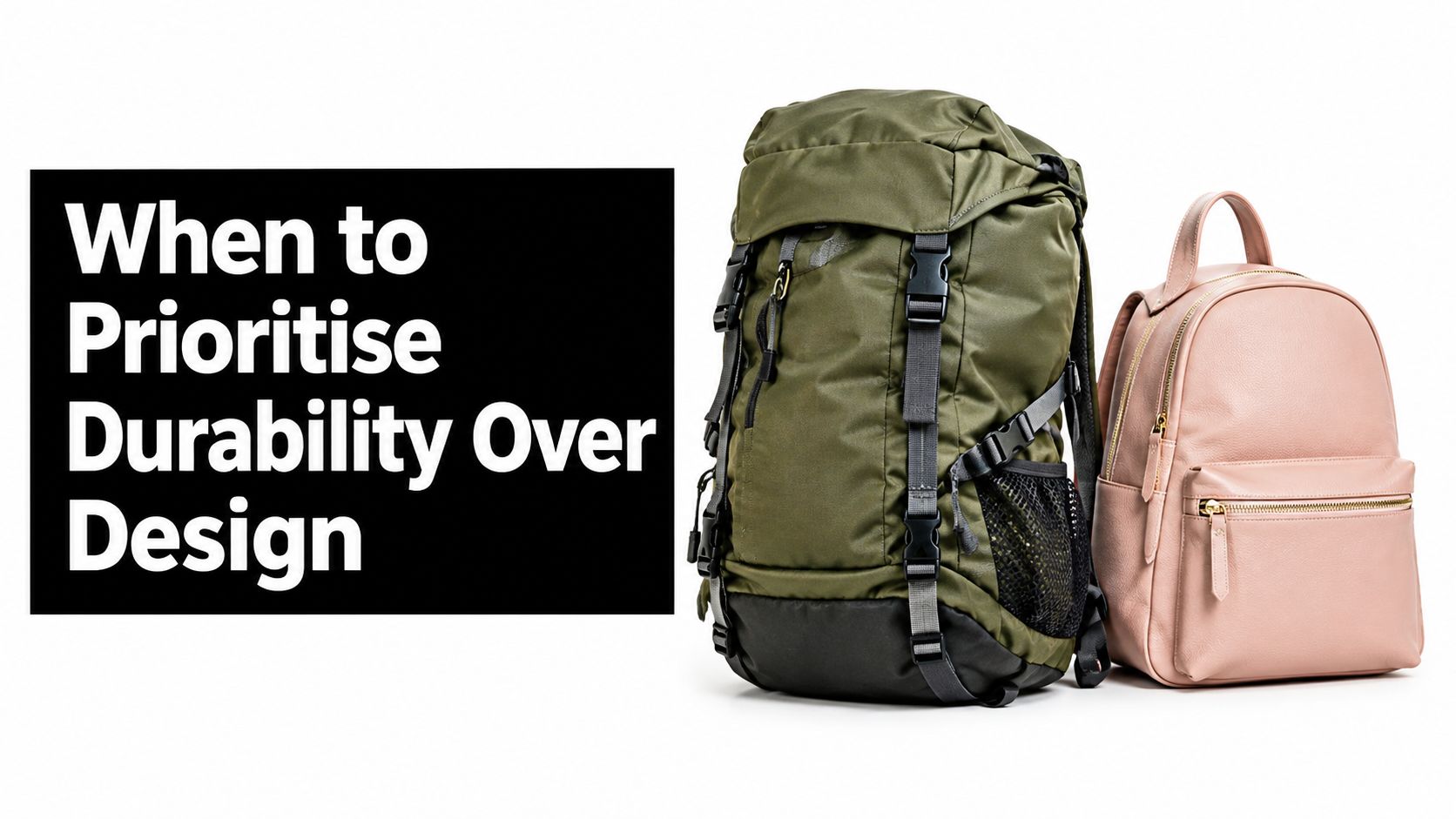 A comparison between a durable green hiking backpack and a stylish pink leather fashion backpack.